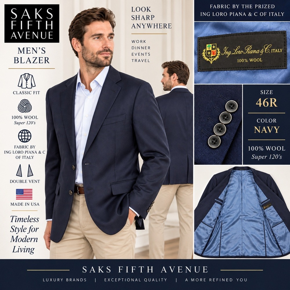 Saks Fifth Avenue Loro Piana Navy Wool Super 120s Blazer 46R USA Made